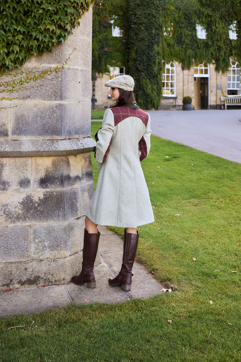 Women's mint Yorkshire tweed tailored coat with claret tweed panelling, Isabelle Randall
