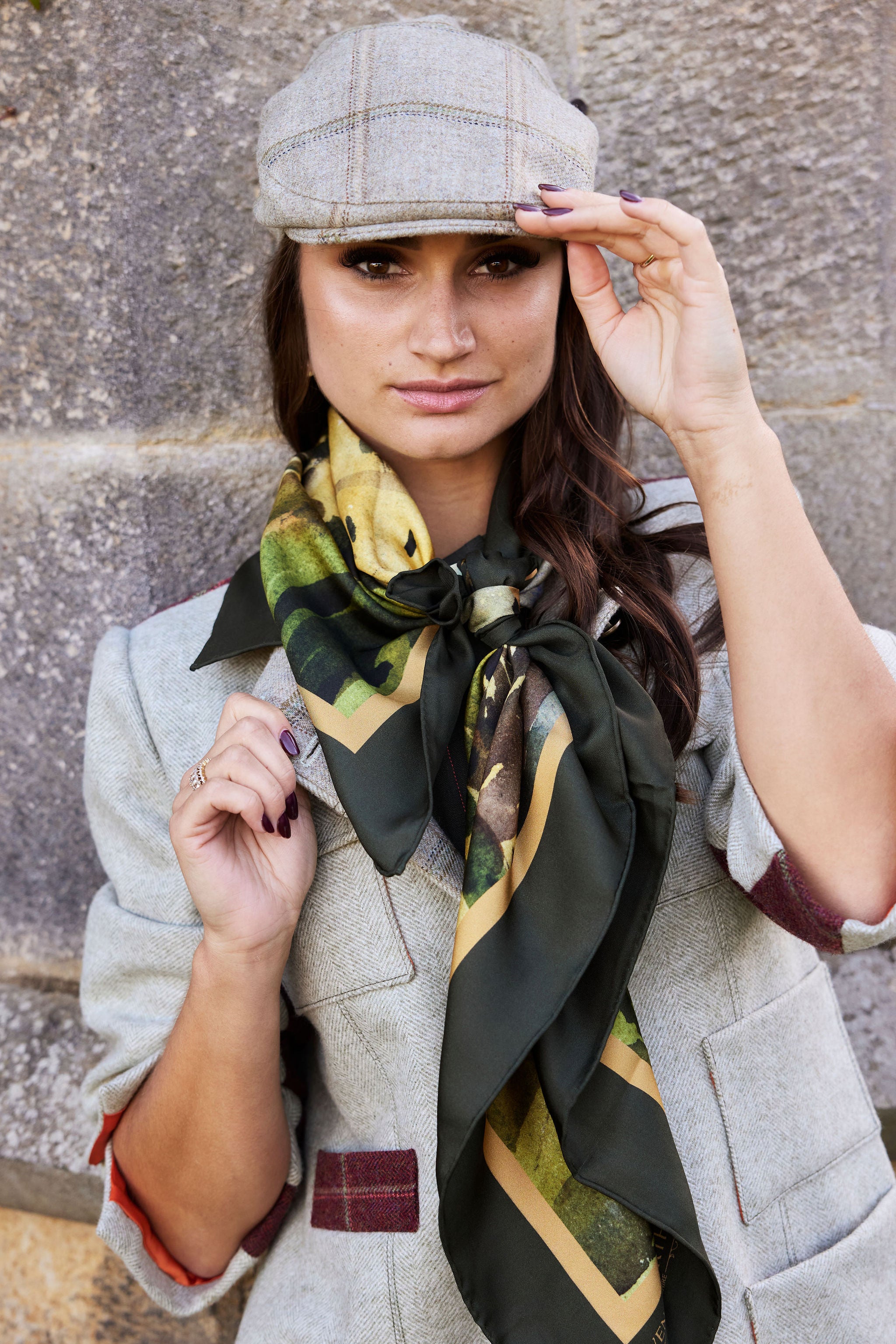 Women's mint Yorkshire tweed tailored collarless coat with matching tweed flat cap