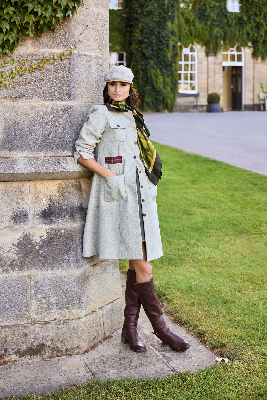 Women's mint Yorkshire tweed tailored collarless coat with patch pockets, Isabelle Randall