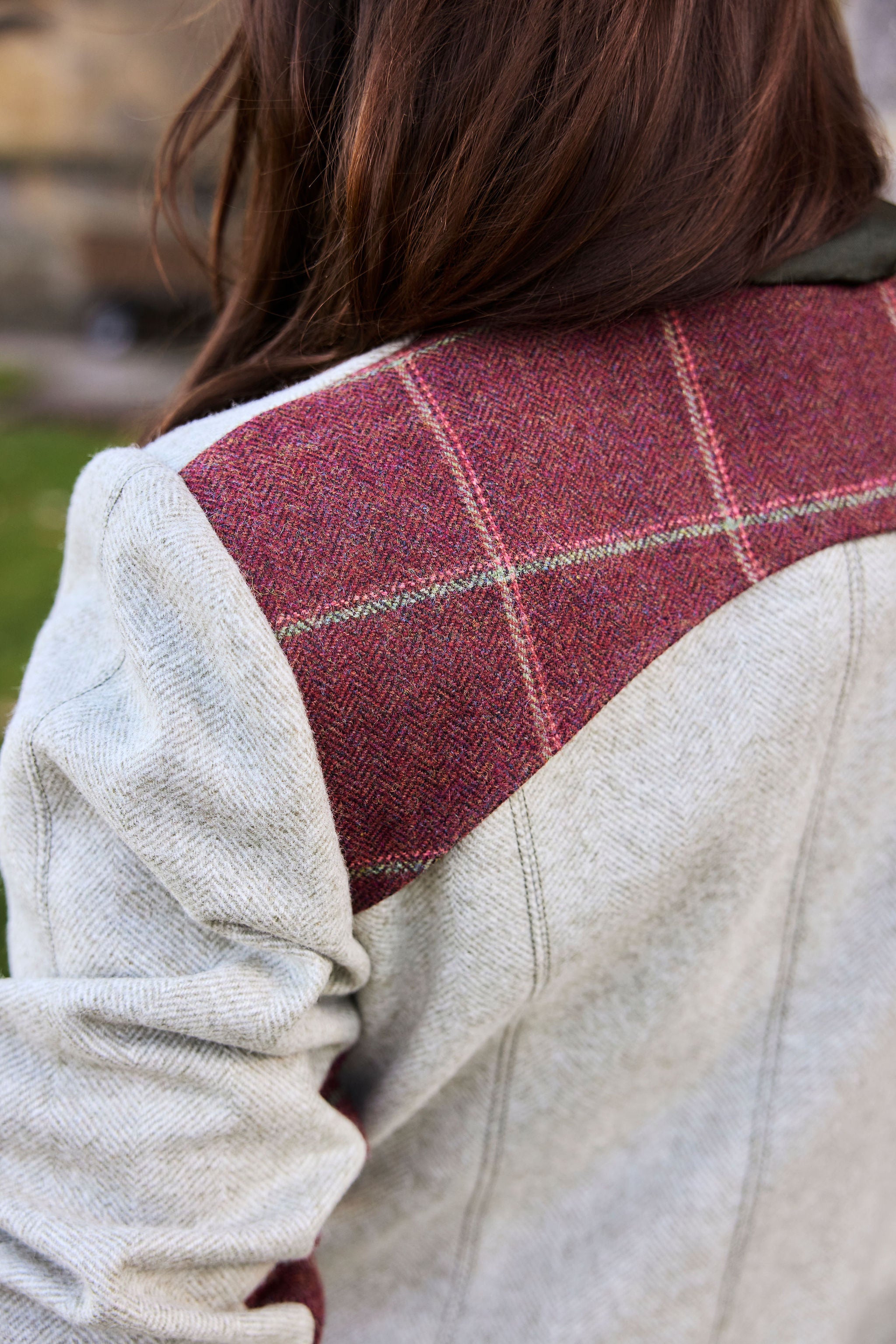 Women's mint Yorkshire tweed tailored coat with claret tweed yoke at the back, Isabelle Randall