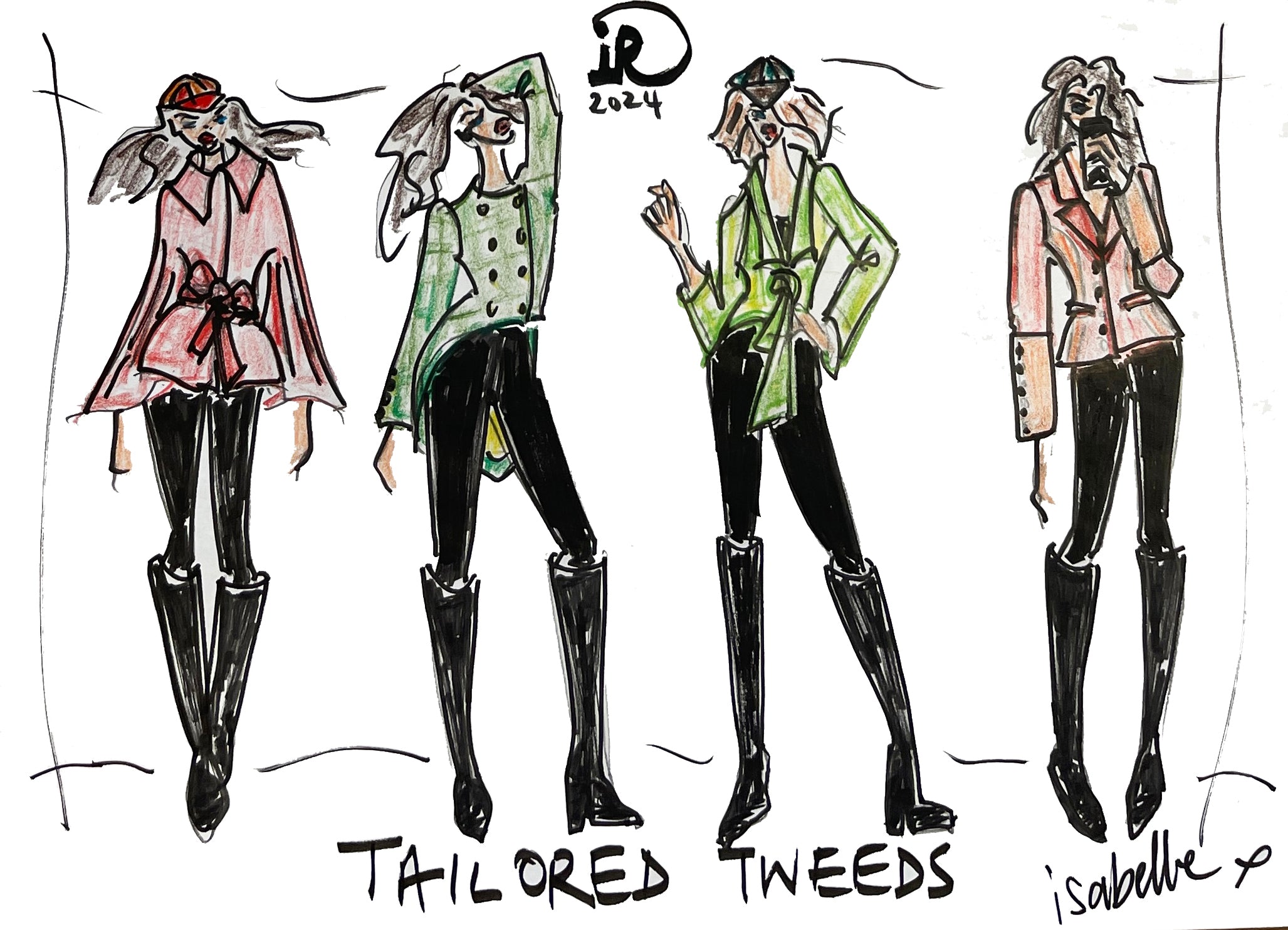 isabelle Randall fashion illustrations of her Women's Yorkshire tweed range of jackets 