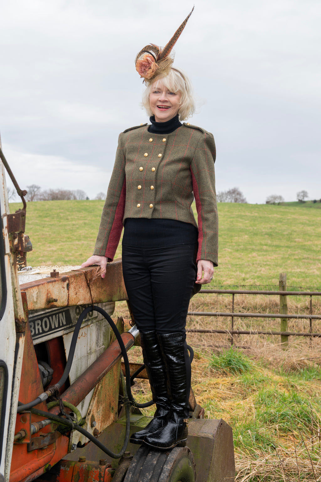 Front view of women's Yorkshire tweed tailcoat in windowpane tweed