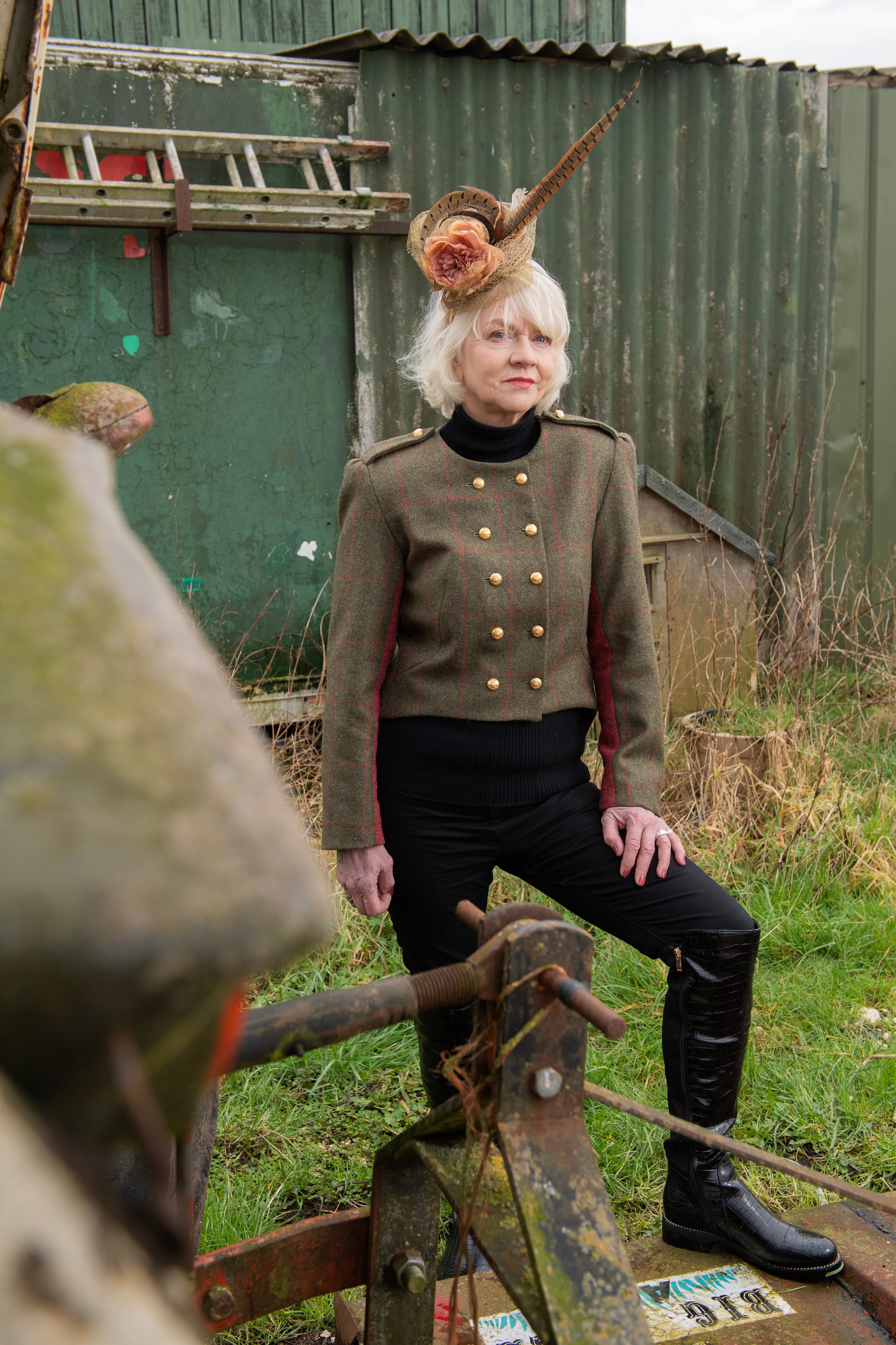 Women's Yorkshire tweed tailcoat with windowpane check and brass buttons