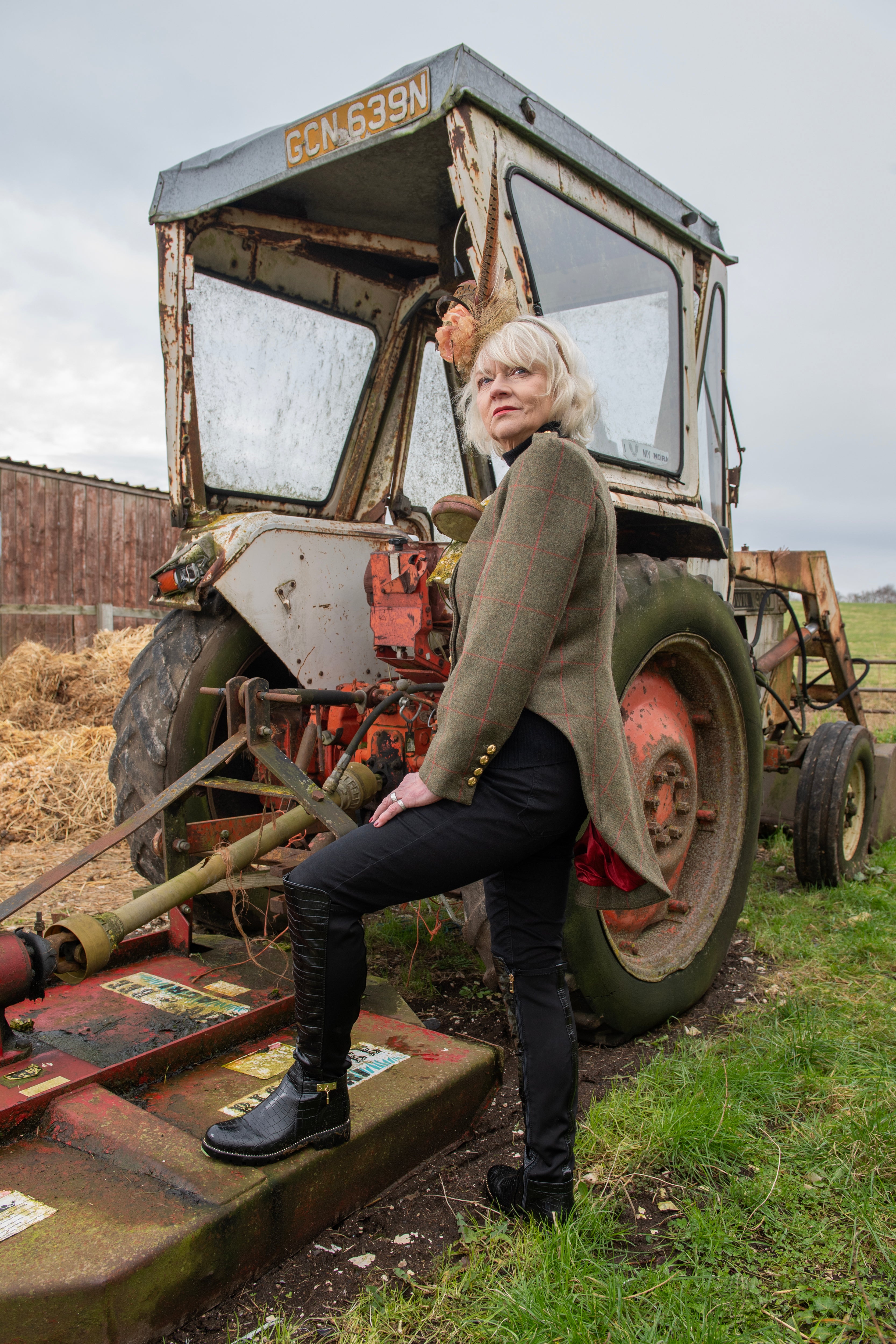 Side view of women's Yorkshire tweed tailcoat in windowpane tweed